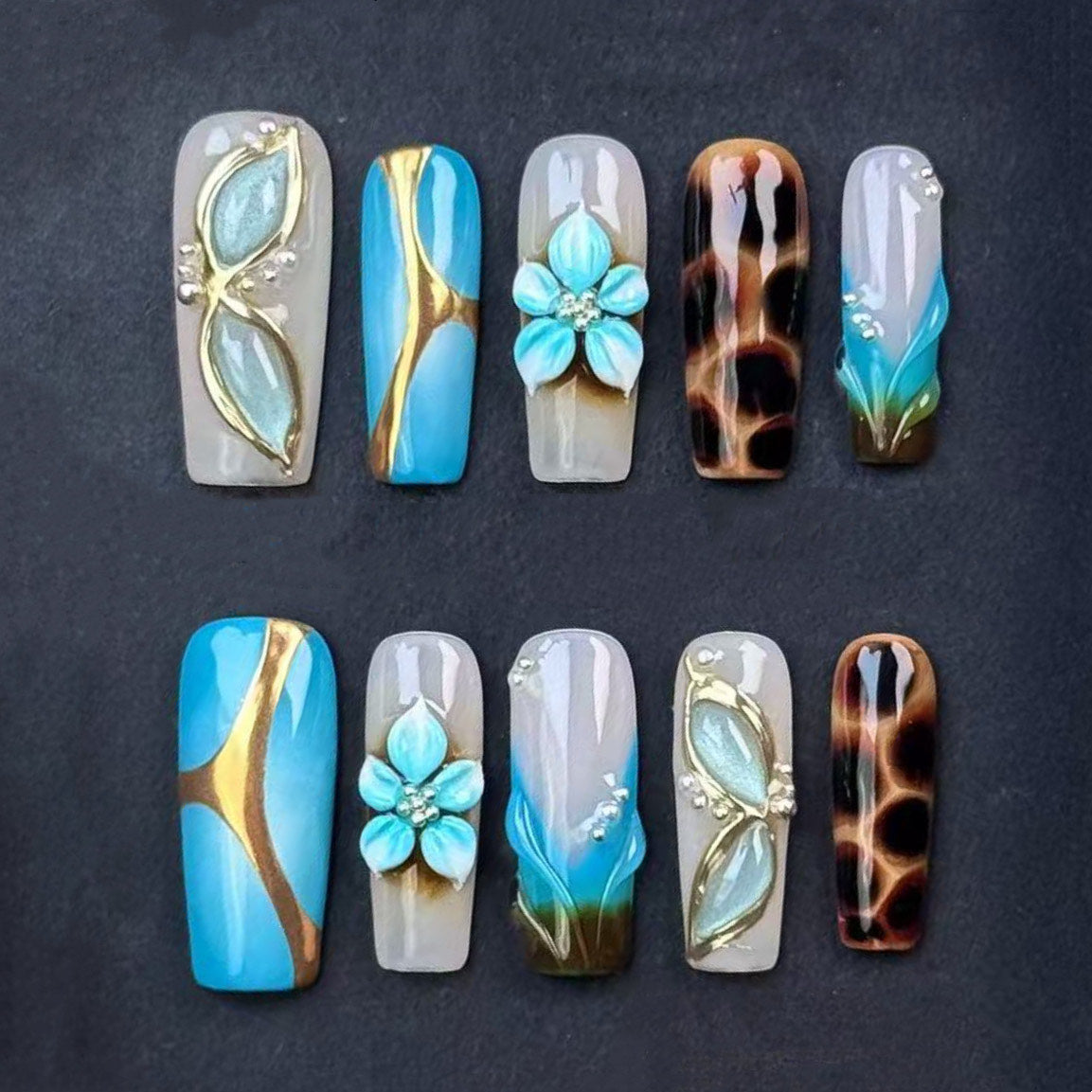 Blue & Gold Floral 3D Press On Nails – Handmade Long Square with Tortoise Shell & Ombre Tips, Luxury Matte Gloss Finish