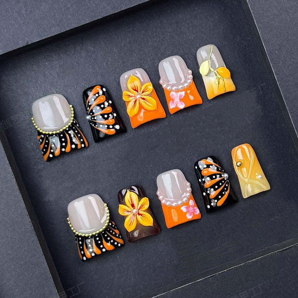 Orange & Black Press On Nails – Handmade Floral with Pearls & Abstract Patterns | Square Luxury Reusable Nail Set for Fall & Parties