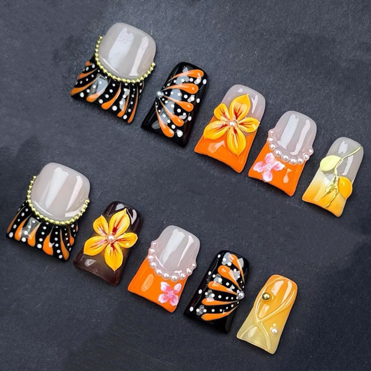 Orange & Black Press On Nails – Handmade Floral with Pearls & Abstract Patterns | Square Luxury Reusable Nail Set for Fall & Parties