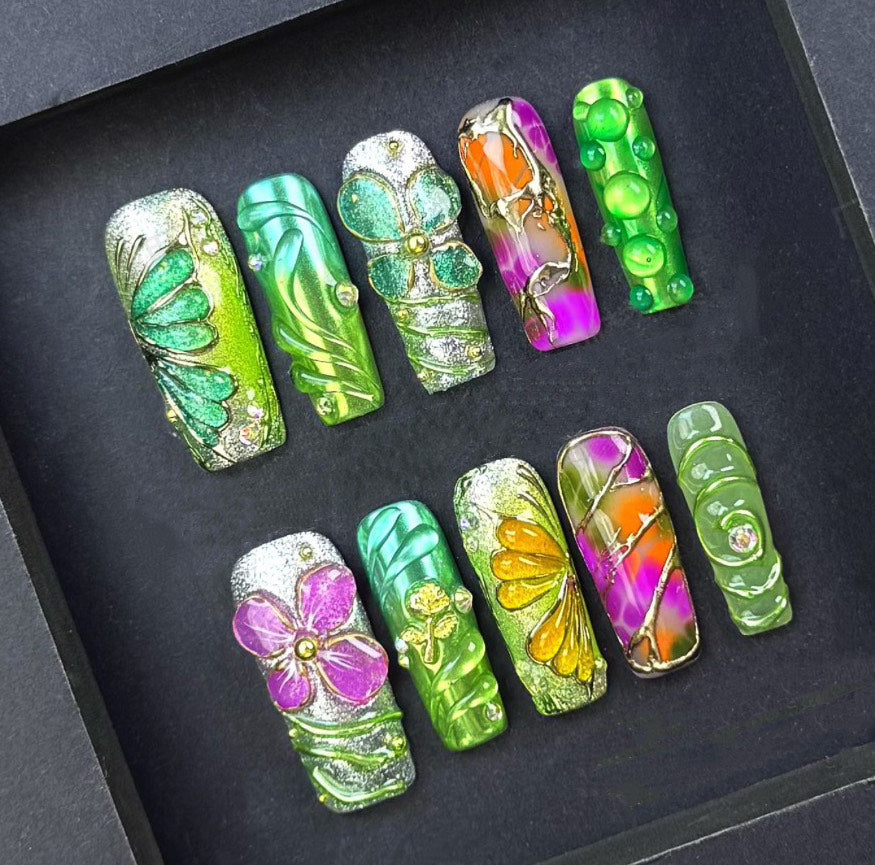 Bold Green & Floral Press On Nails – 3D Butterfly, Flowers & Abstract Art | Handmade Extra Long Luxury Reusable Festival Nail Set