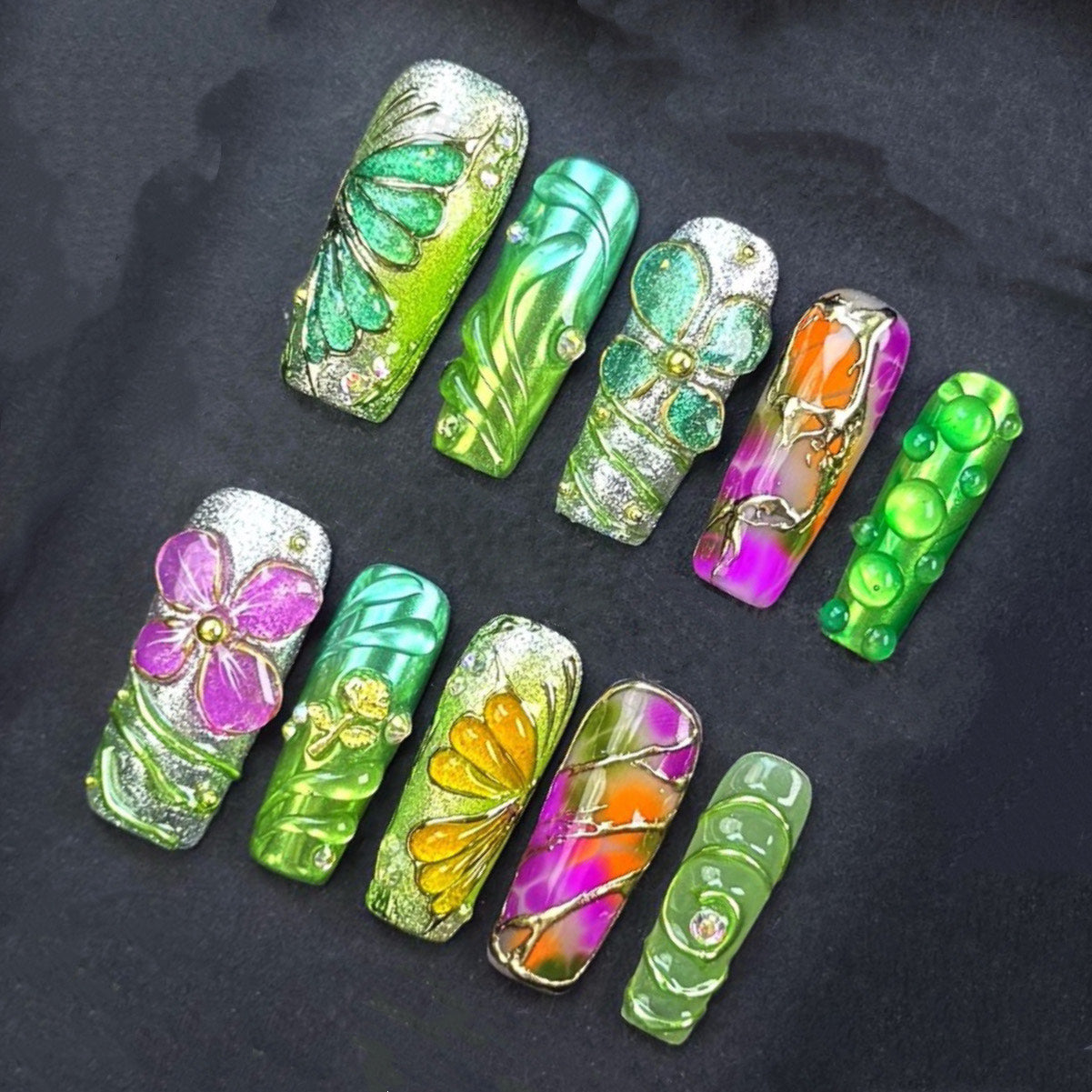 Bold Green & Floral Press On Nails – 3D Butterfly, Flowers & Abstract Art | Handmade Extra Long Luxury Reusable Festival Nail Set