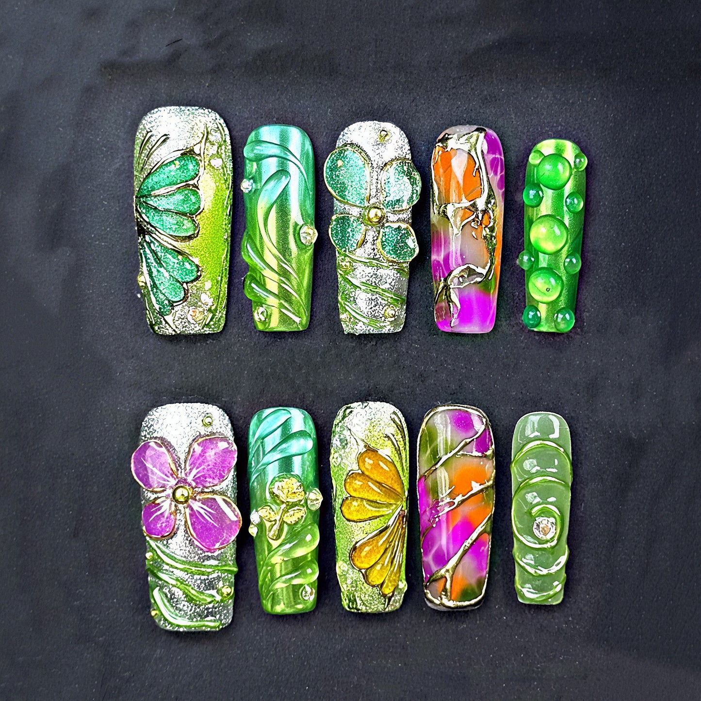 Bold Green & Floral Press On Nails – 3D Butterfly, Flowers & Abstract Art | Handmade Extra Long Luxury Reusable Festival Nail Set