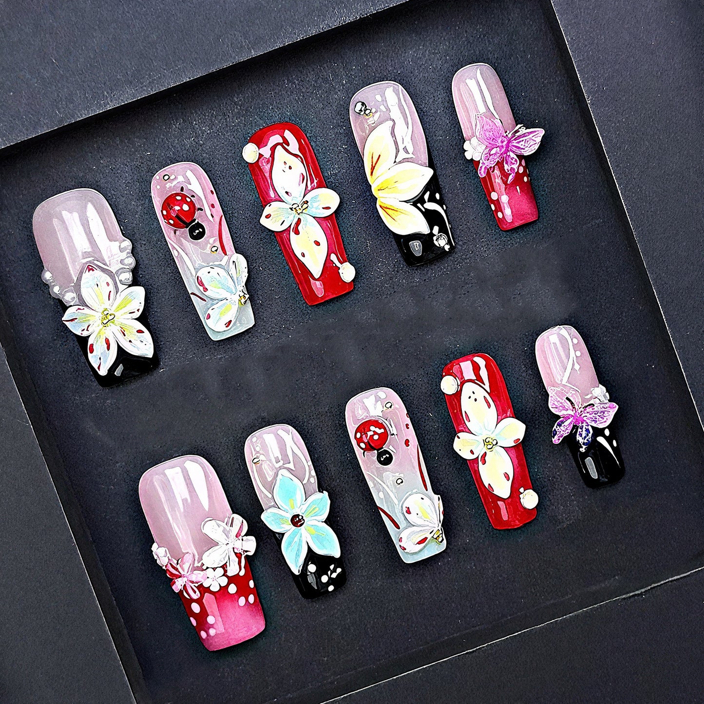 3D Floral Butterfly Press On Nails – Red, Pink & Black with Pearls & Rhinestones | Handmade Luxury Reusable Nail Set | Spring Summer
