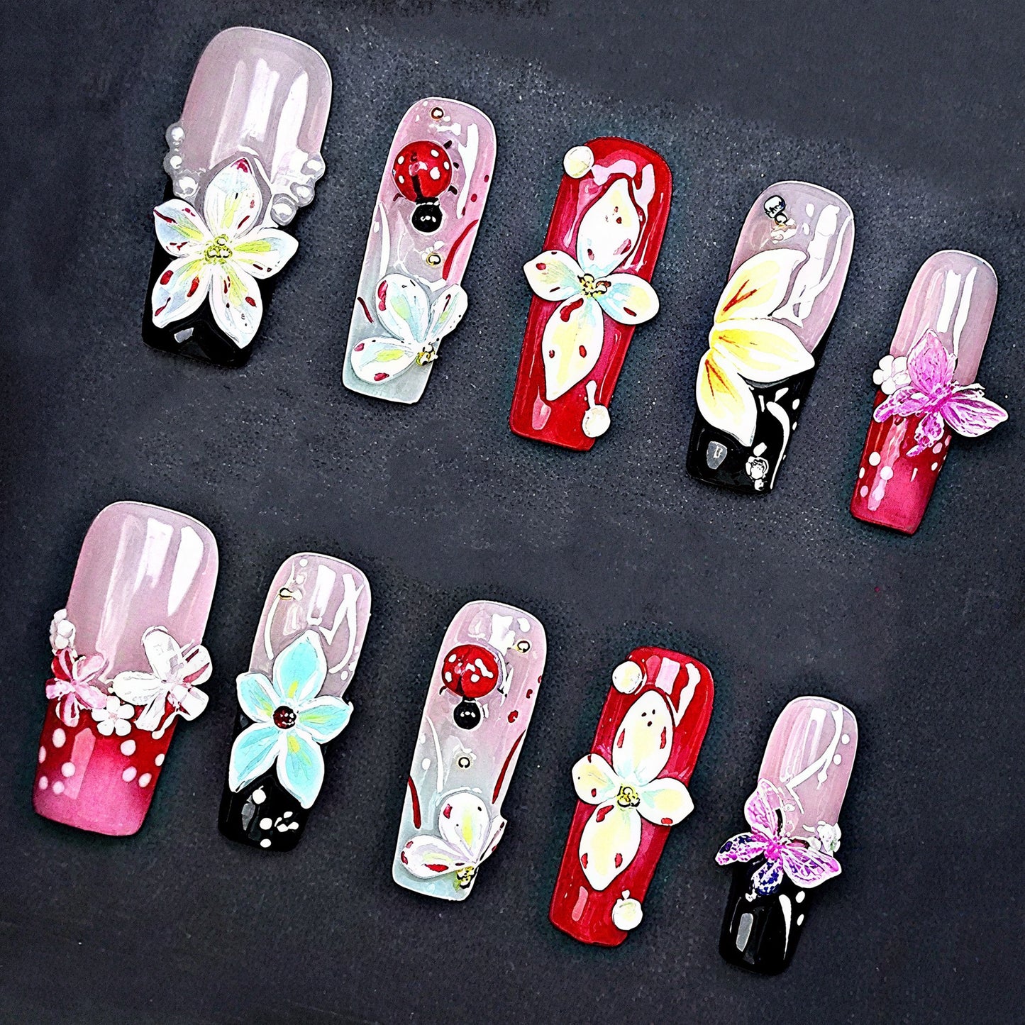 3D Floral Butterfly Press On Nails – Red, Pink & Black with Pearls & Rhinestones | Handmade Luxury Reusable Nail Set | Spring Summer