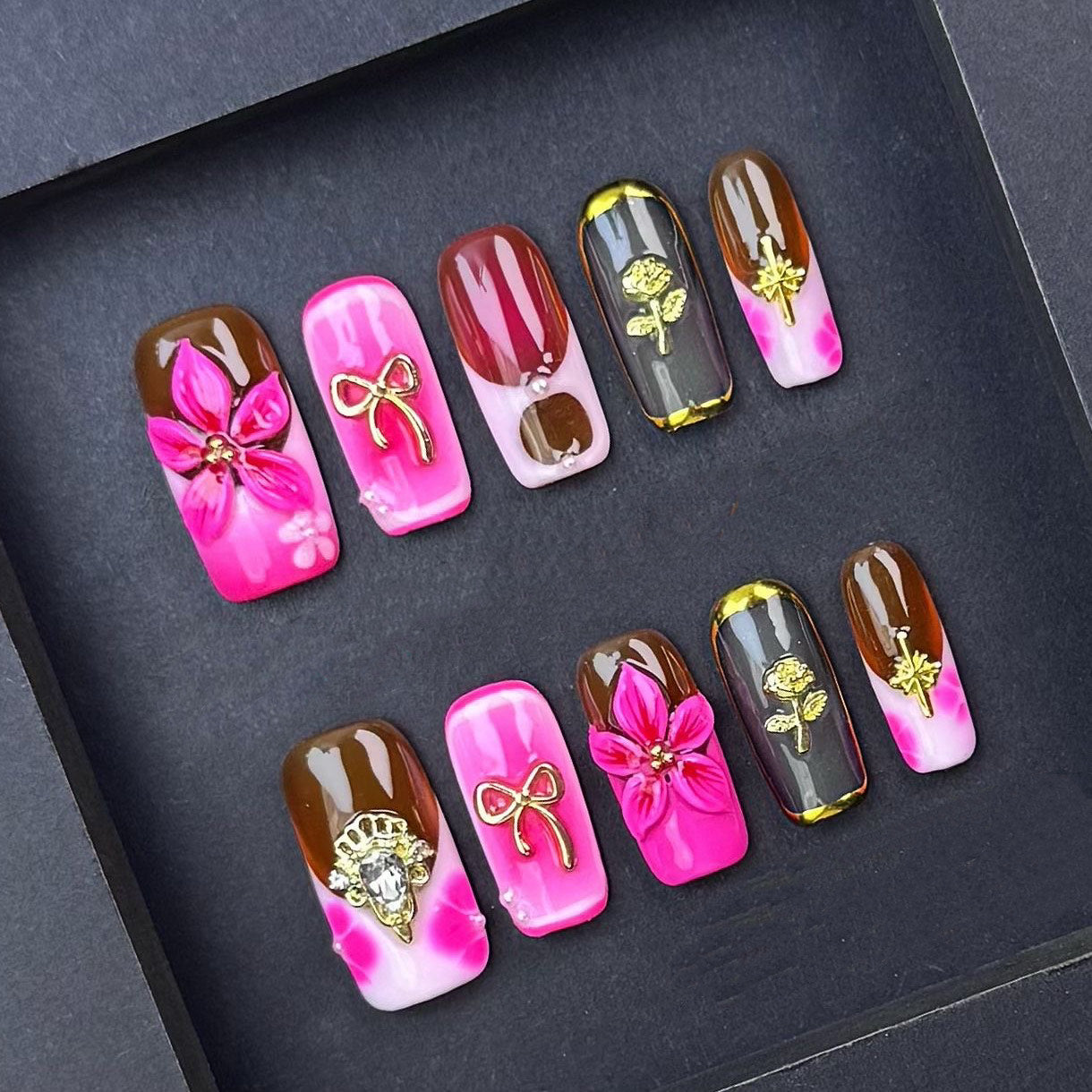 Pink & Brown Press On Nails – 3D Flowers with Gold Charms, Bows & Roses | Handmade Square Luxury Reusable Nail Set | Romantic Glam