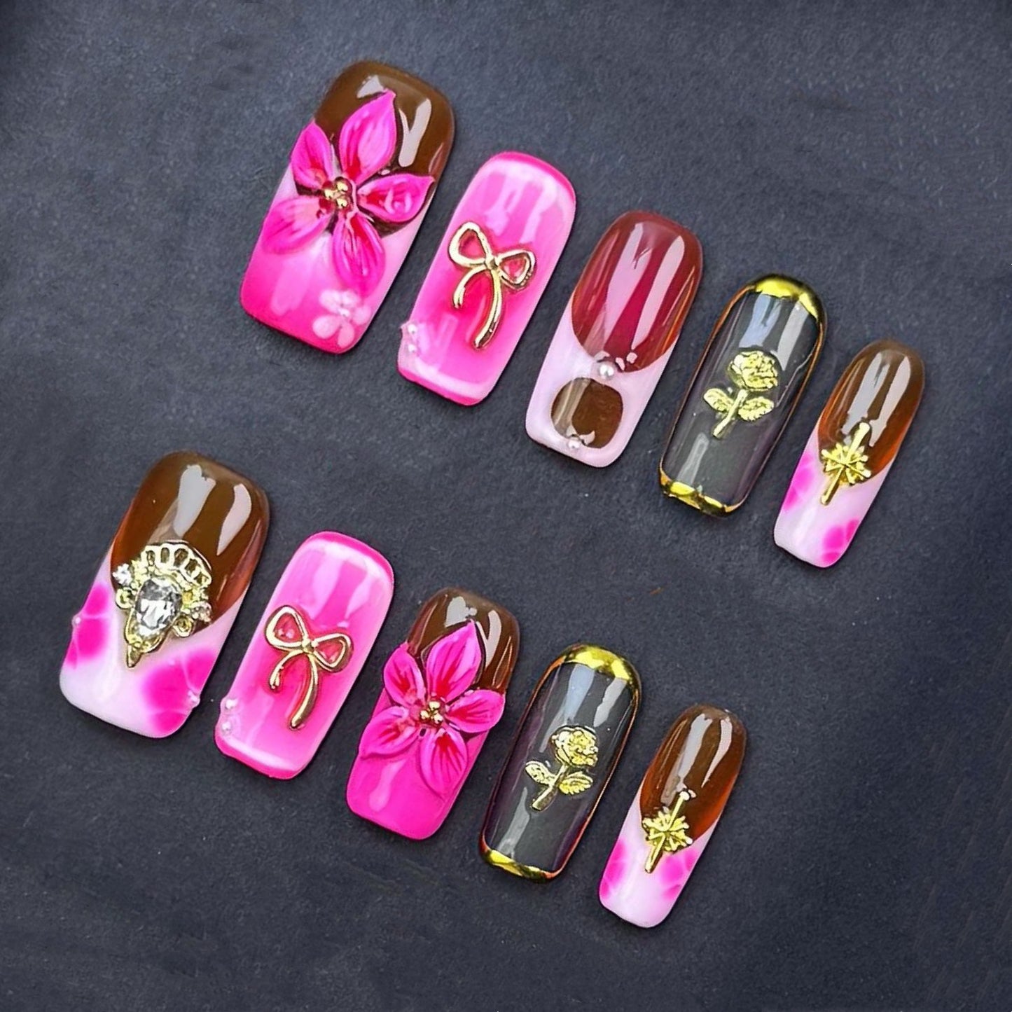 Pink & Brown Press On Nails – 3D Flowers with Gold Charms, Bows & Roses | Handmade Square Luxury Reusable Nail Set | Romantic Glam