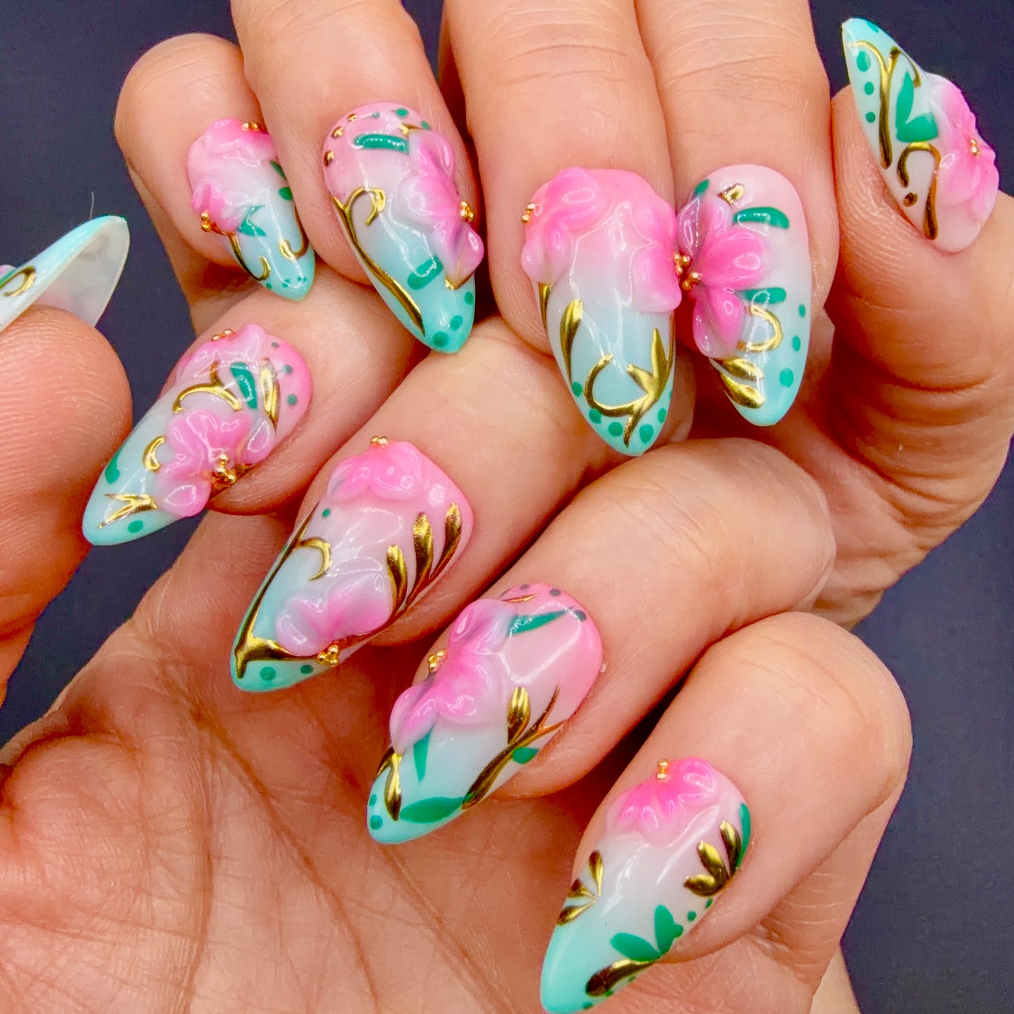 Tropical Blossom Pink & Aqua 3D Floral Press-On Nails