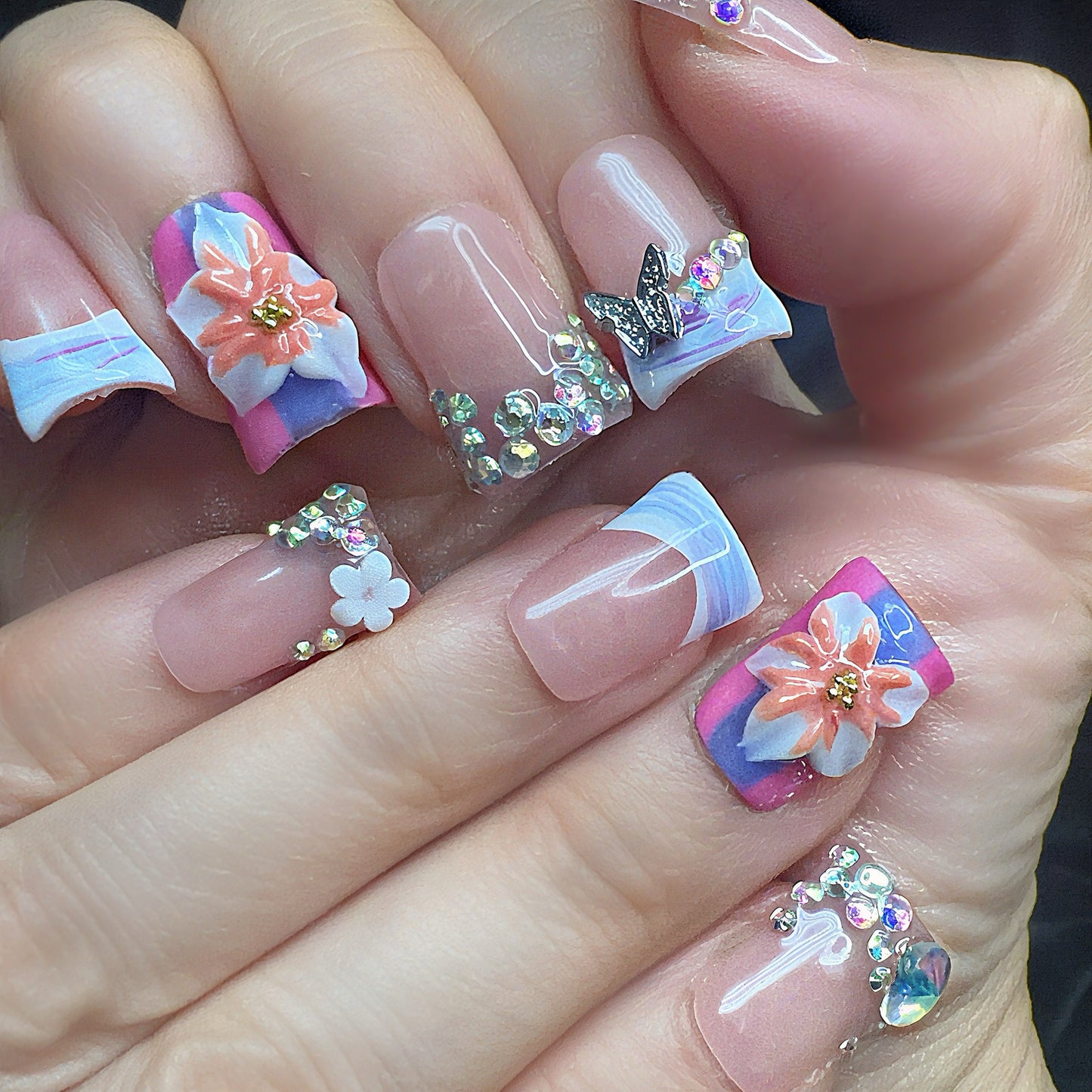Butterfly & Floral Rhinestone Press On Nails – 3D Flower Art, Crystal Edges | Nude Pink Summer Nail Set | Handmade Luxury Nails