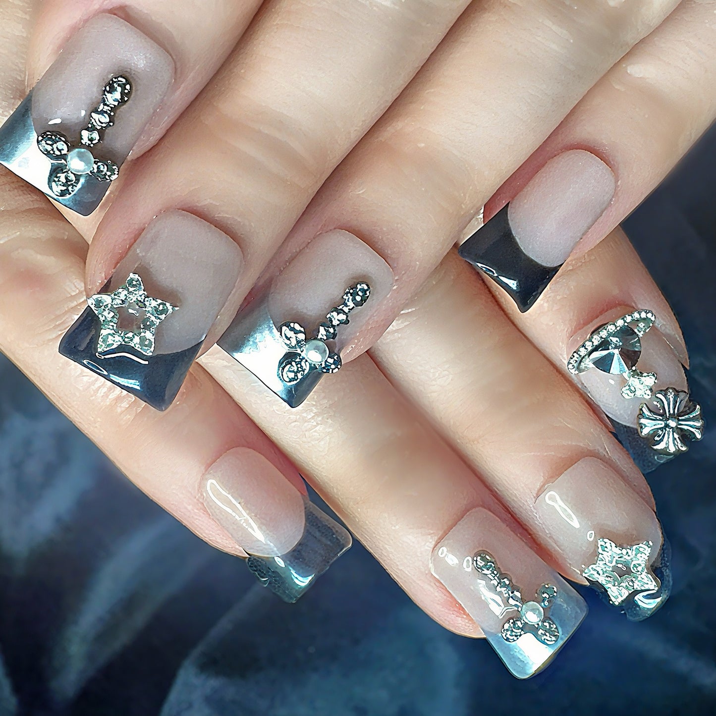 Black French Tip Cross Press On Nails – Gothic Rhinestone Nail Set | Nude & Silver Luxury 3D Charm Nails | Handmade Glam Press Ons