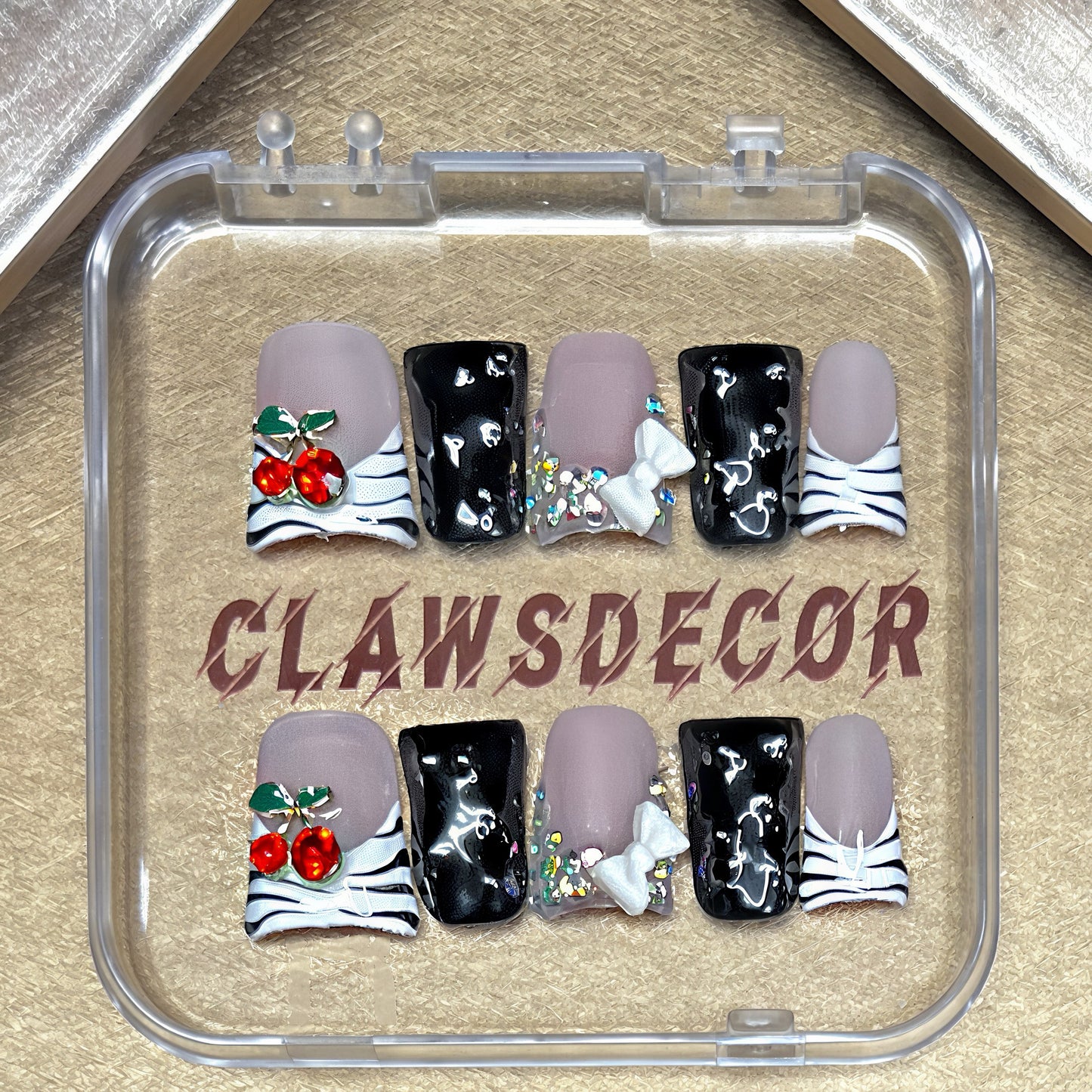 Cherry & Zebra Press On Nails – Black & White Glam with 3D Bows & Rhinestones | Handmade Cute Luxury Nail Set | Y2K Cherry Nails