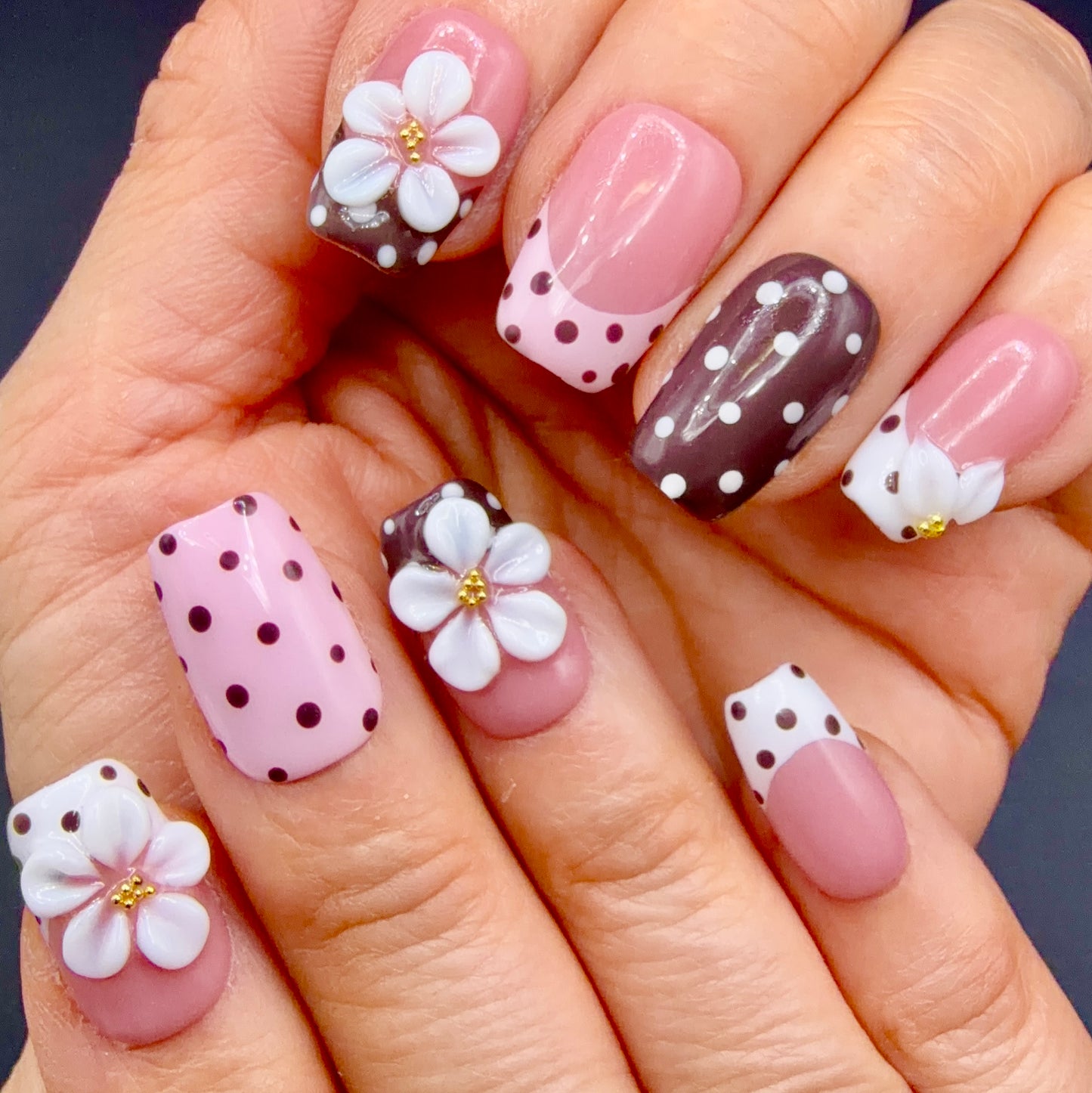Blush Polka Dot 3D Flower Press-On Nails | Pink & Brown French Tips