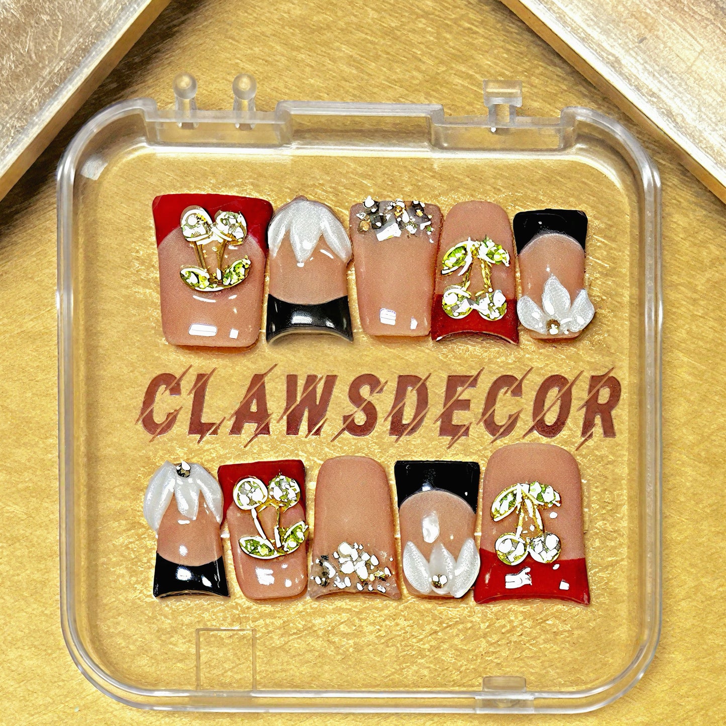 Cherry Glam Press-On Nails | Red & Black 3D Rhinestone Design