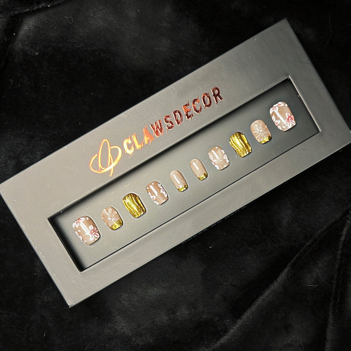 β¨ Golden Bloom Press-On Nails | Nude Floral & Gold Foil Design | Elegant Hand-Painted Nail Art by Clawsdecor