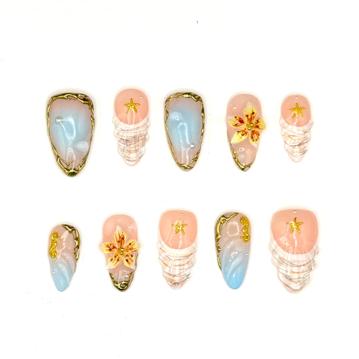 Seaside Treasure 3D Shell & Starfish Press-On Nails | Ocean Floral Nails