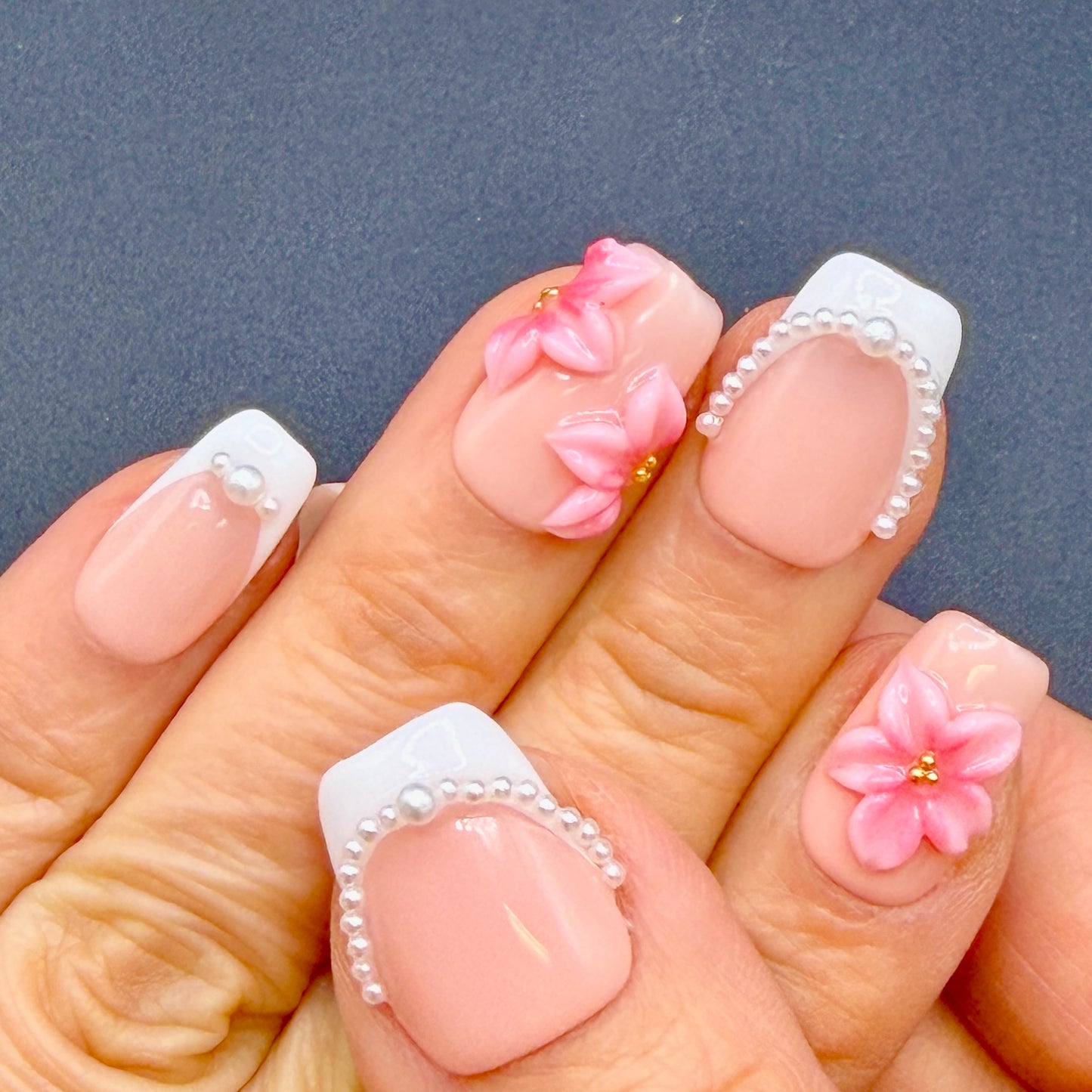 Pink Blossom Pearl French Tip Press-On Nails | 3D Floral Nails