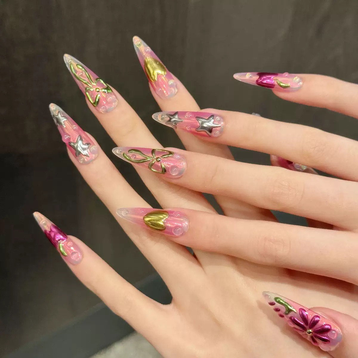 3D Pink Chrome Press On Nails with Metallic Flowers Stars Hearts and Bows