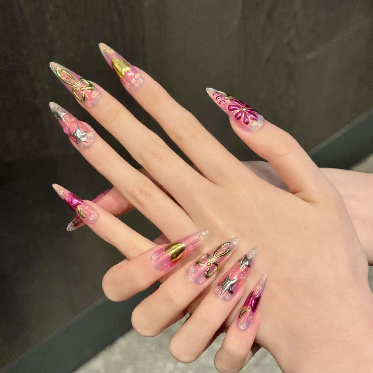 3D Pink Chrome Press On Nails with Metallic Flowers Stars Hearts and Bows