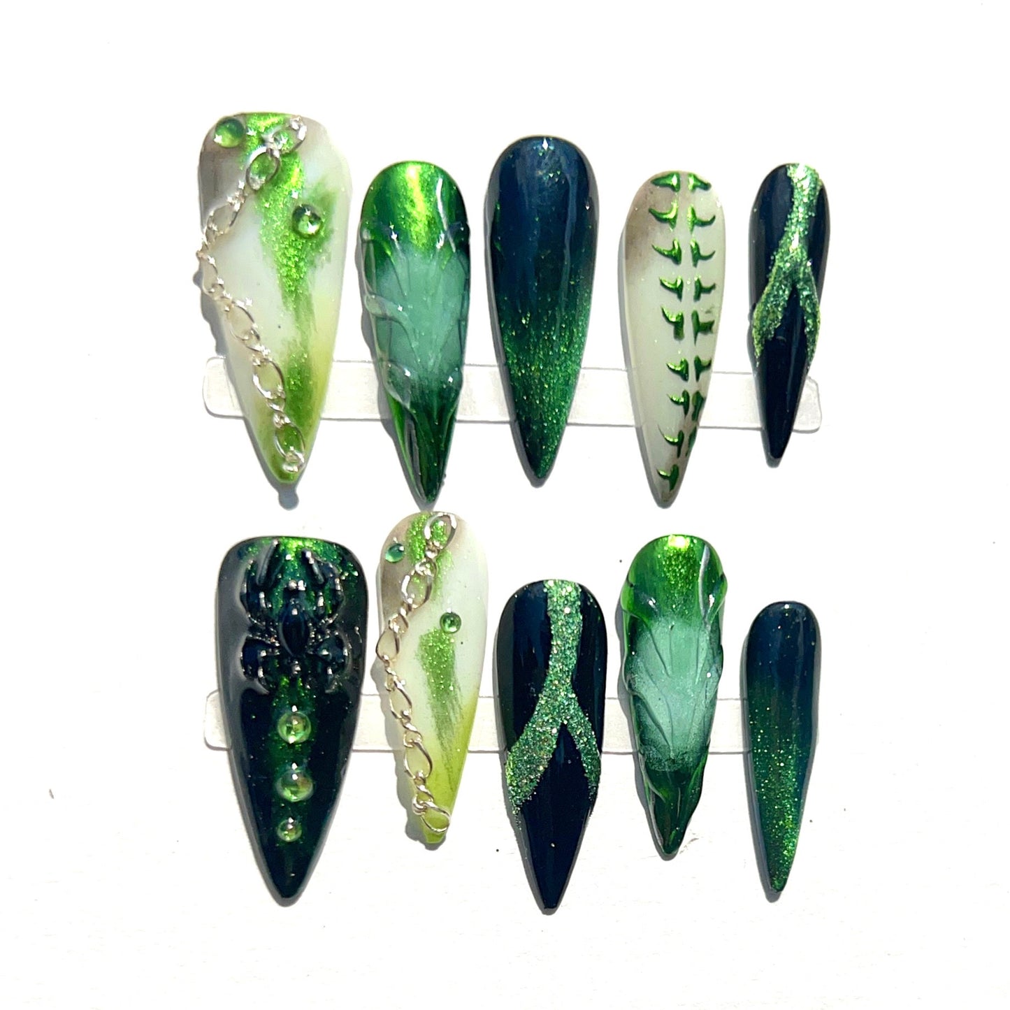 Green Gothic Press On Nails – Spider Leaf Chain Design Black Green Gradient Fantasy Stiletto Nails Halloween Nail Art