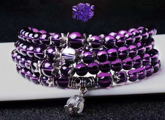 Purple Crystal Beaded Wrap Bracelet Amethyst Style Multi-Layer Mala Bracelet with Charm Handmade Elegant Spiritual Energy Jewelry