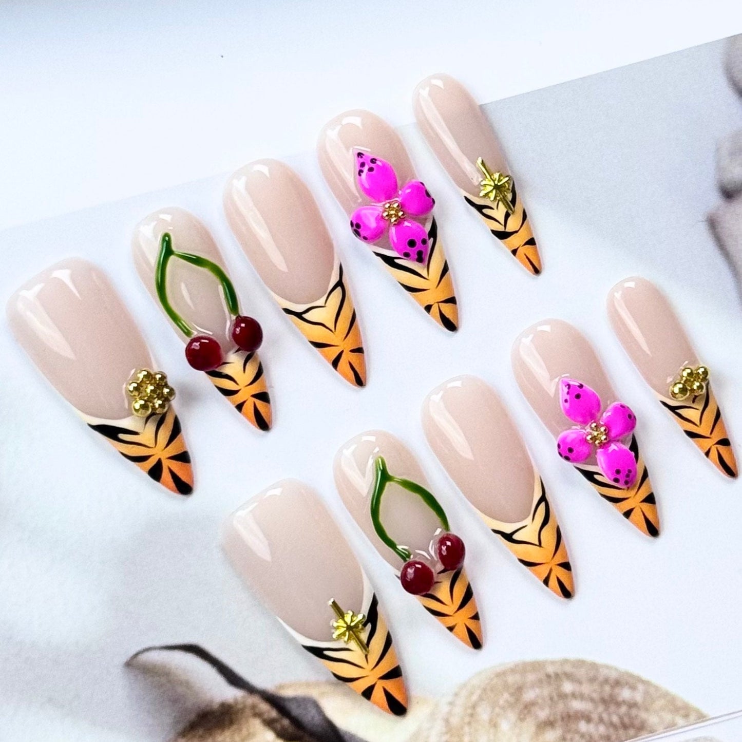 Tropical Blossom & Fruit Accent Stiletto Nails