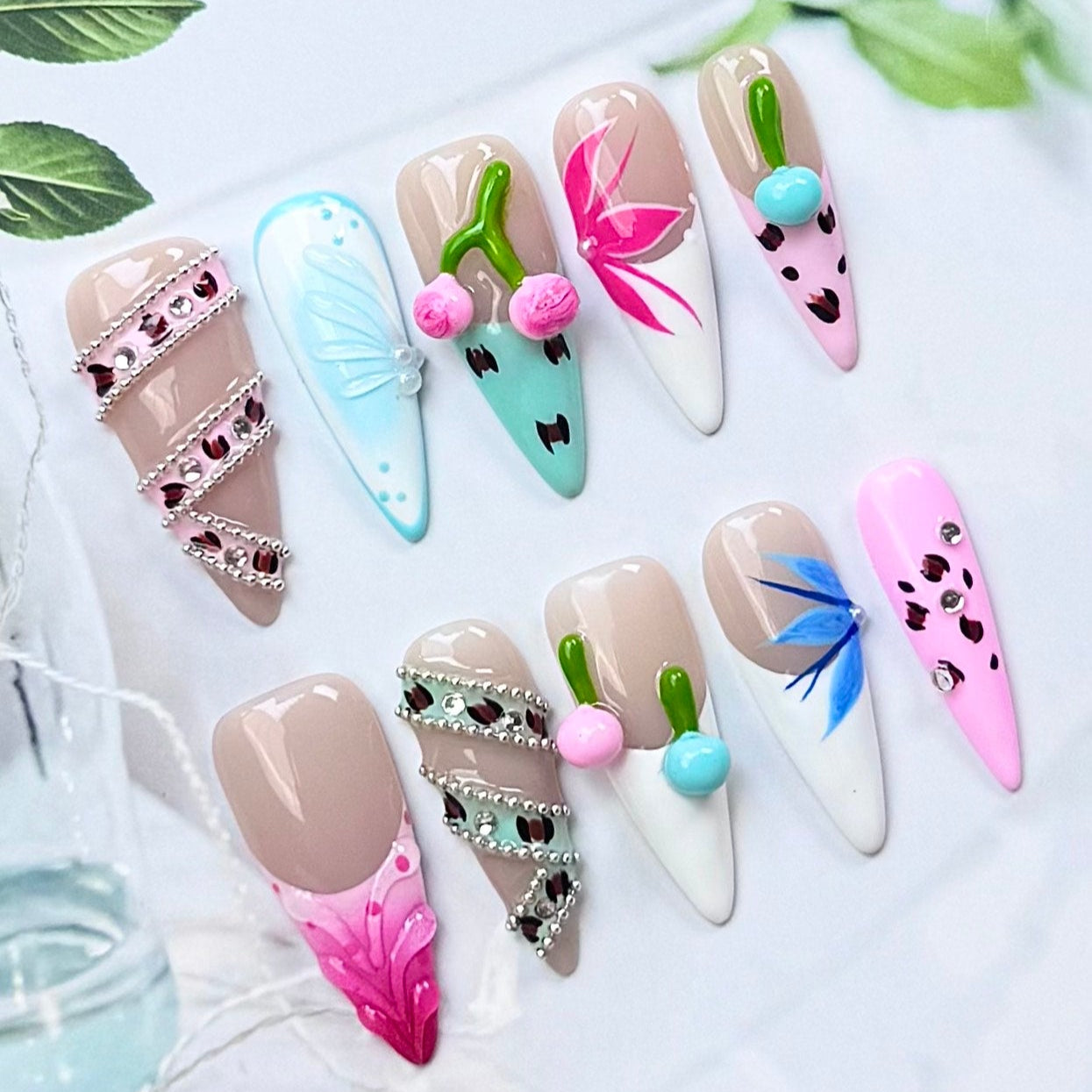 Colorful Mixed Design Press On Nails with 3D Cherries Leopard Print Rhinestones and Floral Art – Long Coffin Shape
