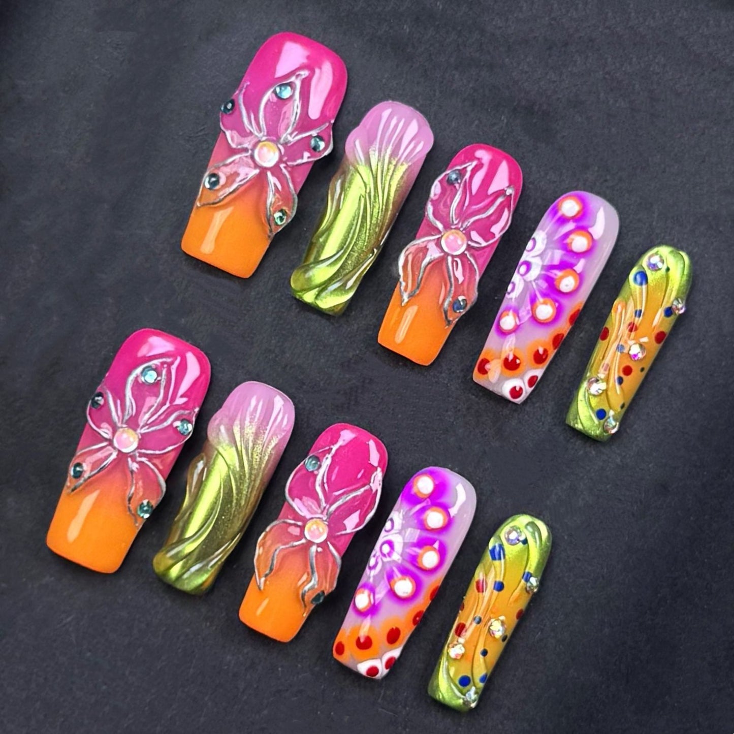 Handmade Neon Floral Press On Nails – Pink Orange Ombre with Rhinestones | Festival Party Nails | Colorful 3D Summer Coffin Set