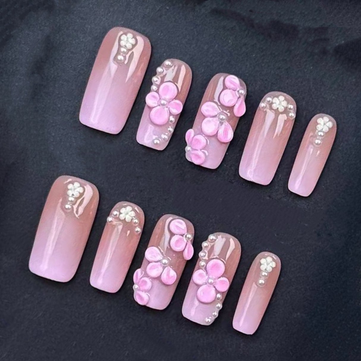 Elegant Pink Ombre Press On Nails with 3D Blossoms and Pearls – Handmade Floral False Nails for Special Occasions or Everyday Beauty