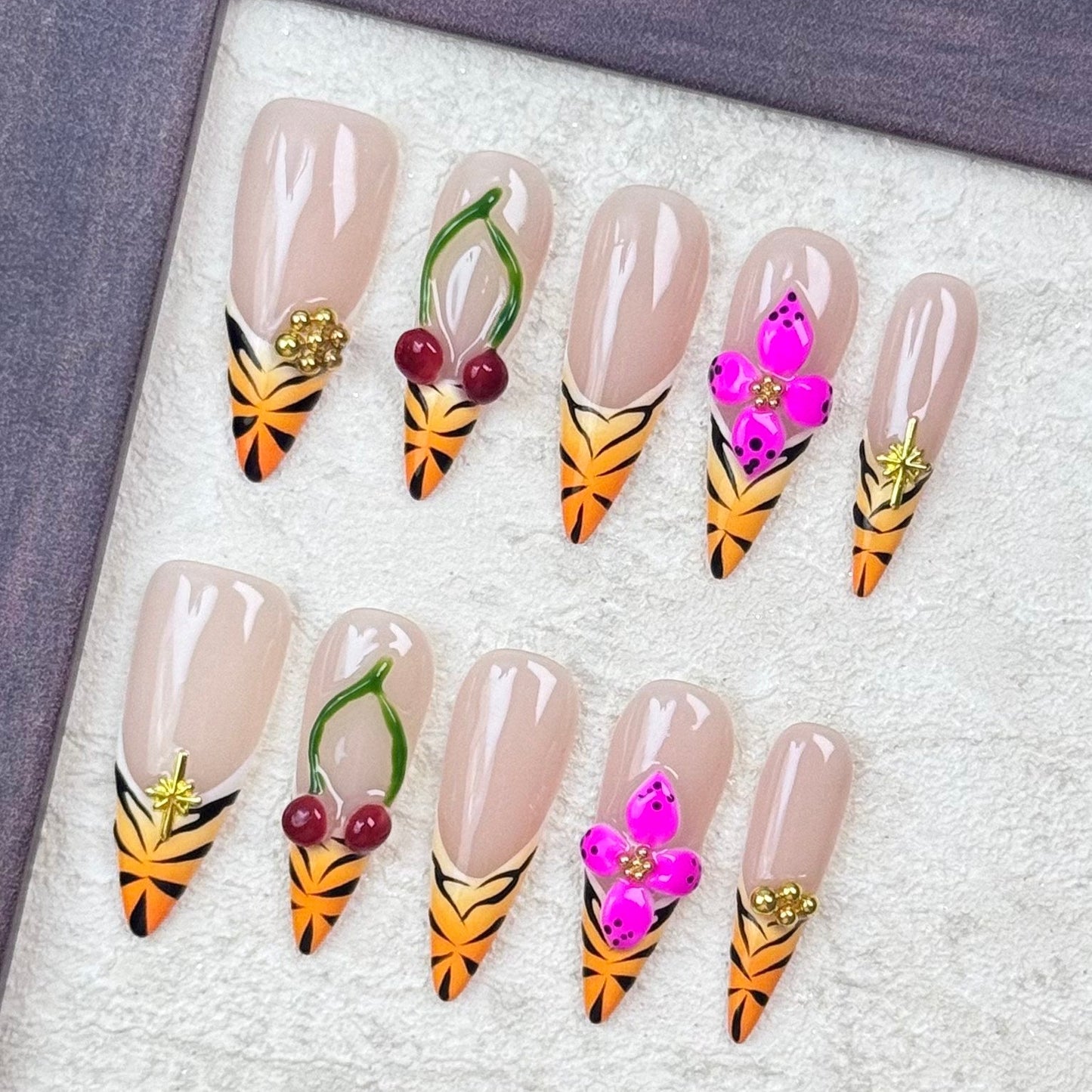 Tropical Blossom & Fruit Accent Stiletto Nails