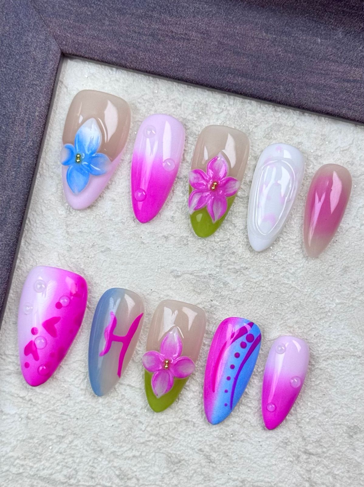Pink & Blue Blossom Press-On Nails | Floral Pink Ombre Almond False Nails | Barbie-Inspired Spring Manicure