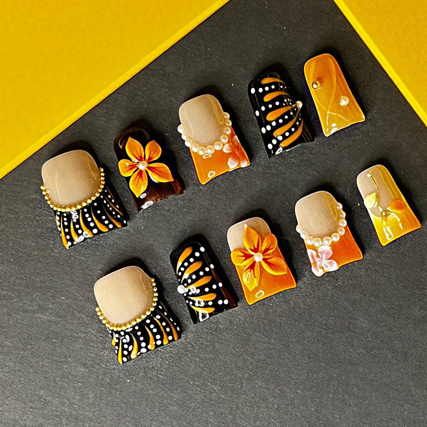 Orange & Black Press On Nails – Handmade Floral with Pearls & Abstract Patterns | Square Luxury Reusable Nail Set for Fall & Parties