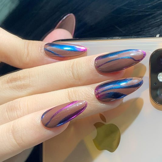 Press on nails fake nails holographic chrome glossy nail art reflective trendy almond pink blue purple luxurious metallic cool hand painted
