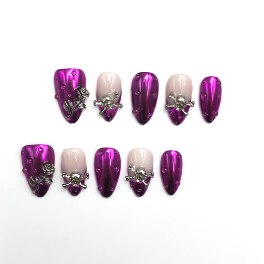 Press-on nail art  metallic nails, purple nails, gothic nails, skull design, rose embellishment 3D hand painted acrylic edgy short almond