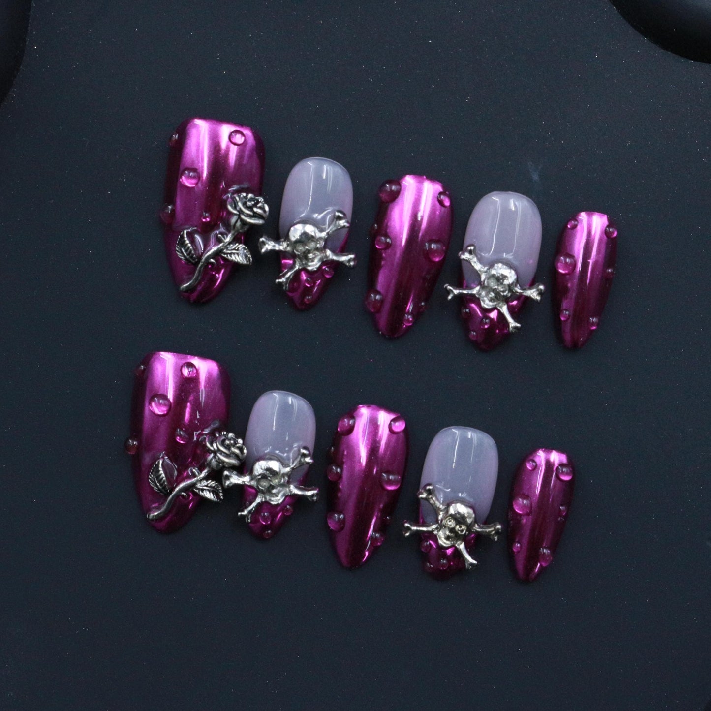 Press-on nail art metallic nails, purple nails, gothic nails, skull design, rose embellishment 3D hand painted acrylic edgy short almond