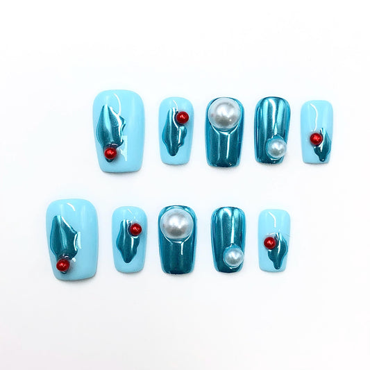 Press-on nails short metallic, blue nails pearl embellishments, 3D short art abstract design, glossy finish, trendy nails, artistic manicure