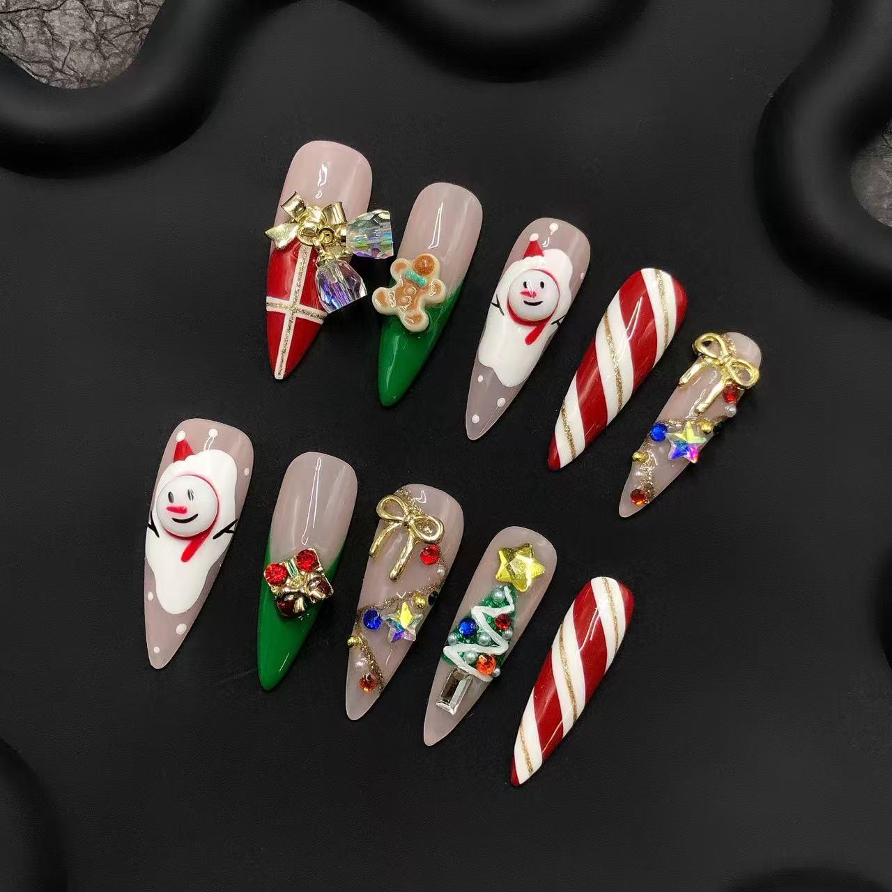 Press-on nails Christmas festive acrylic art 3D nail decorations candy cane snowman gingerbread rhinestone stiletto medium holiday manicure.