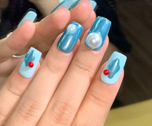 Ocean Blue Chrome Press On Nails with Pearls and Red Beads 3D Texture Abstract Handmade Glossy False Nails Futuristic Mermaid Nail Set