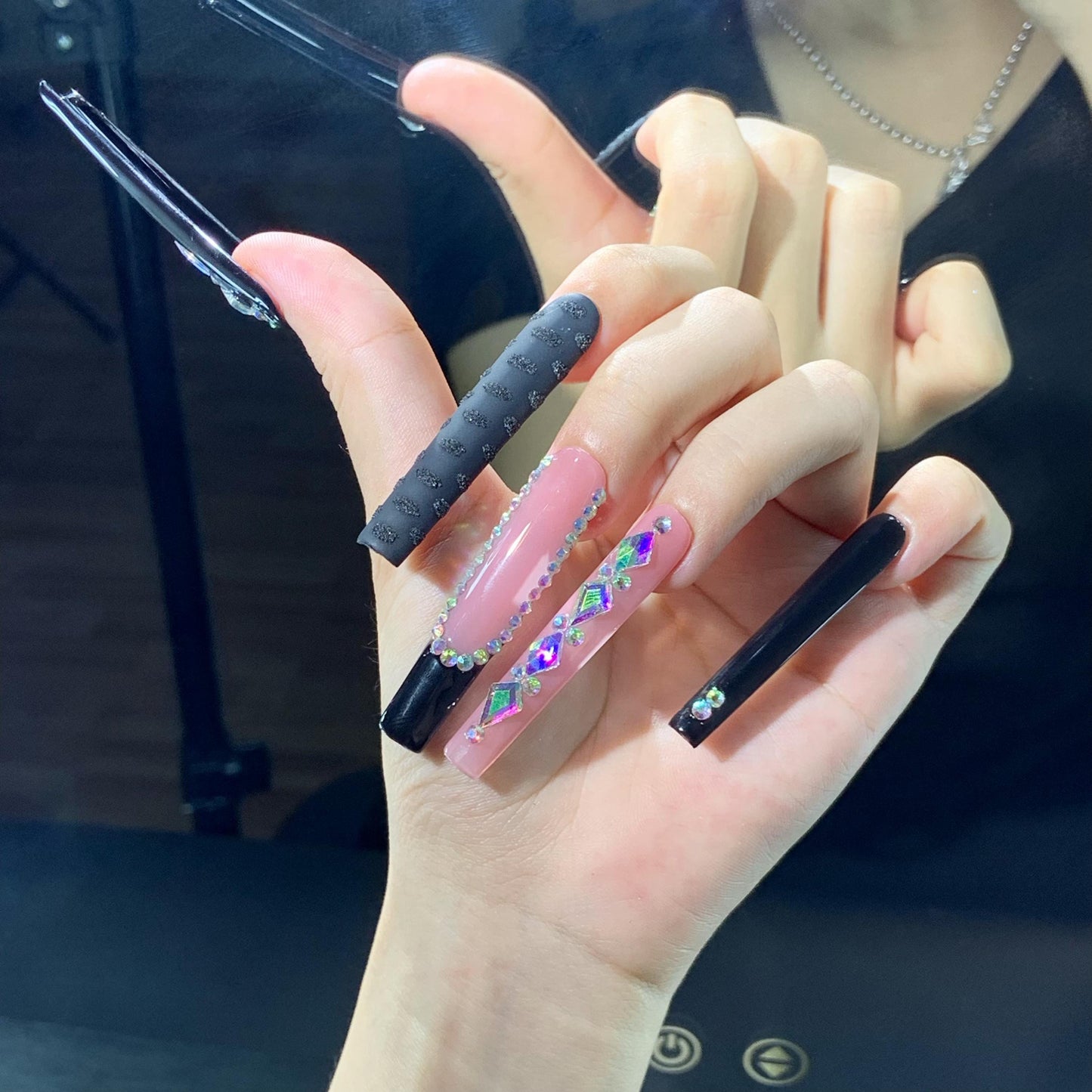 Edgy Extreme Long Square Black and Pink Punk Gothic 3D Hand Painted Nails