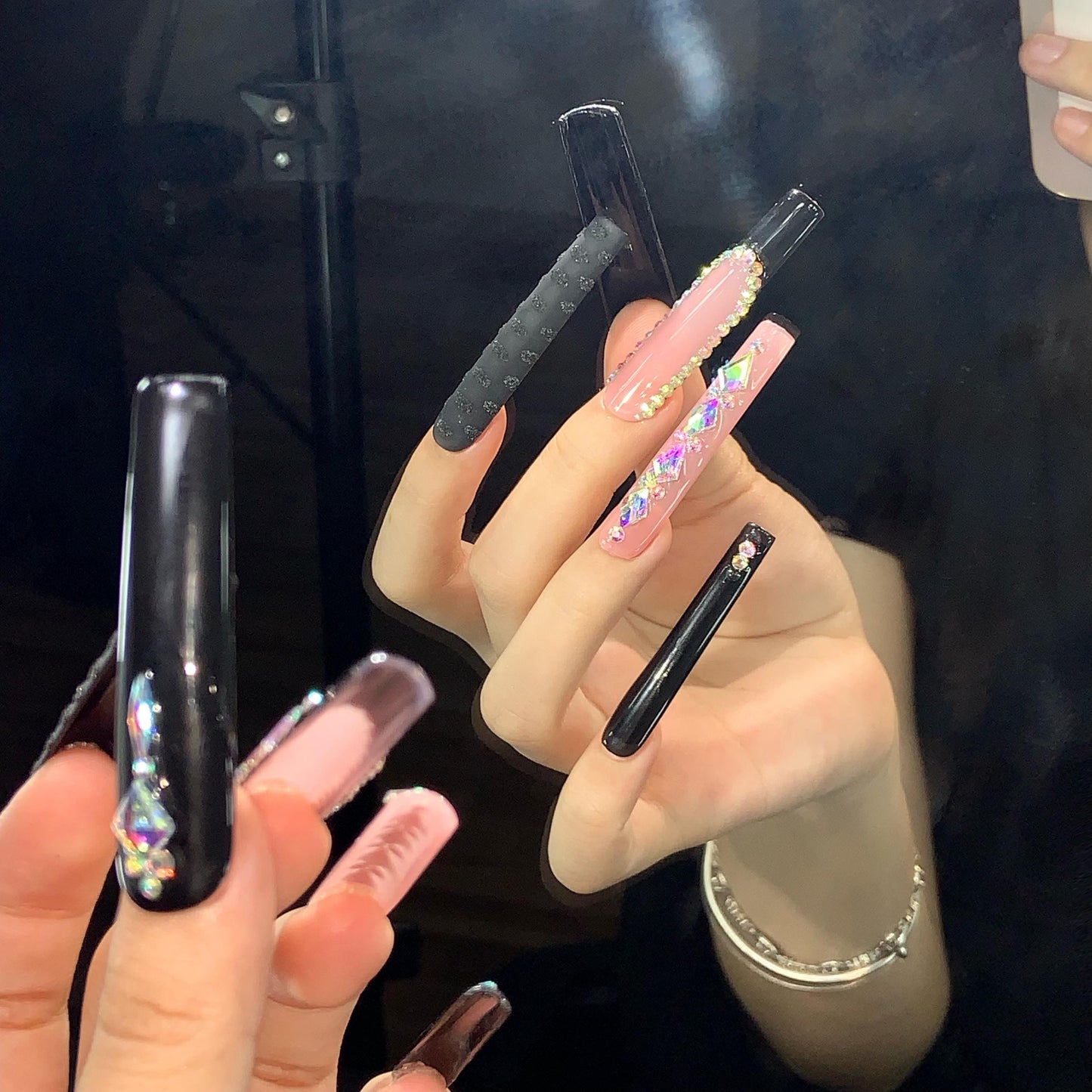 Edgy Extreme Long Square Black and Pink Punk Gothic 3D Hand Painted Nails. Artificial reusable fake glue on faux manicure nails trendy art.