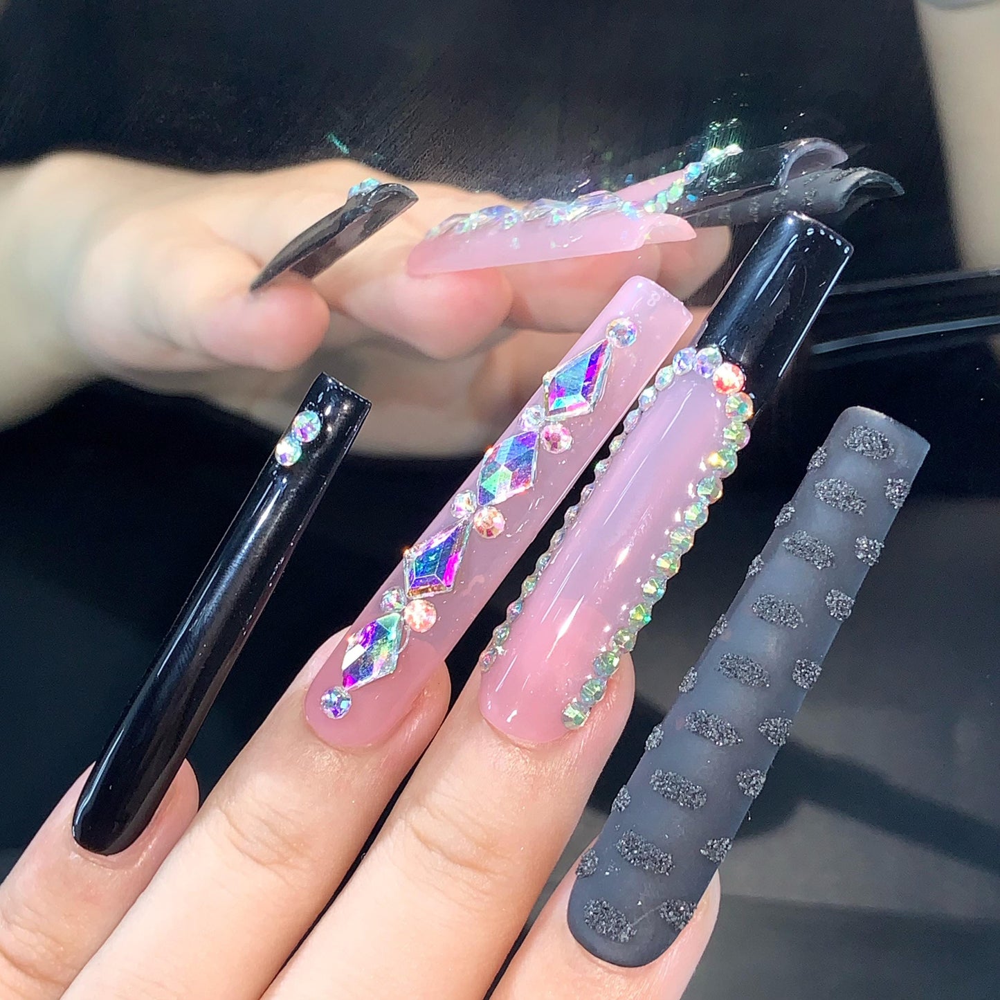 Edgy Extreme Long Square Black and Pink Punk Gothic 3D Hand Painted Nails. Artificial reusable fake glue on faux manicure nails trendy art.