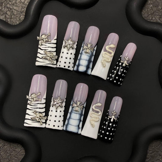 Edgy nail art, gothic skull charms snake crocodile print polka dot striped press-on long coffin 3D embellishments glam punk manicure glue on