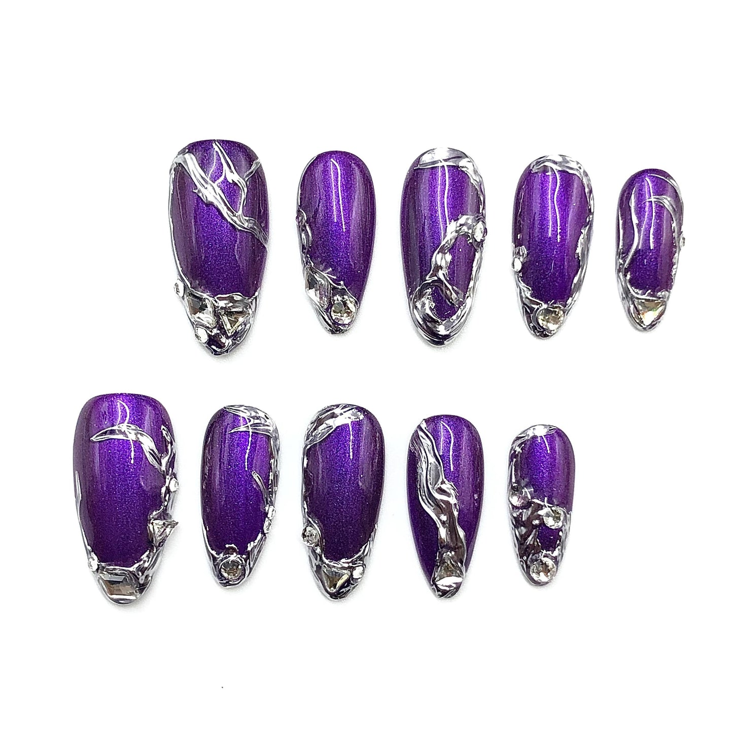 Purple chrome metallic 3D silver nail art, futuristic abstract press-on manicure, purple shimmer liquid metal edgy luxury style high glam