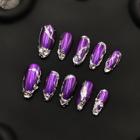 Purple chrome metallic 3D silver nail art, futuristic abstract press-on manicure, purple shimmer liquid metal edgy luxury style high glam