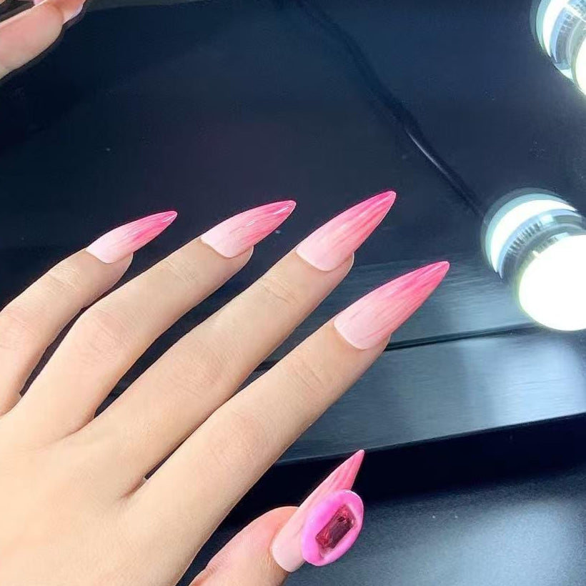 Art Deco Pink Flamed Rhinestone Stiletto Hand Painted Press on Nails. Artificial reusable fake glue on faux manicure nails trendy art.