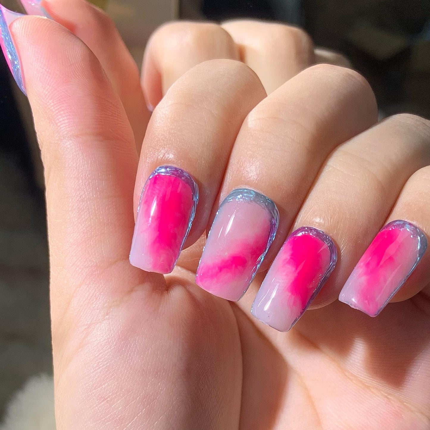 Pink Ombre Silver Outline Short Square Stylish Girly Hand Painted Press on Nails
