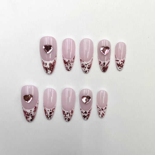nail art heart design pink glitter accents artificial nails manicure beauty light pink soft pink bold red glue on press on medium almond