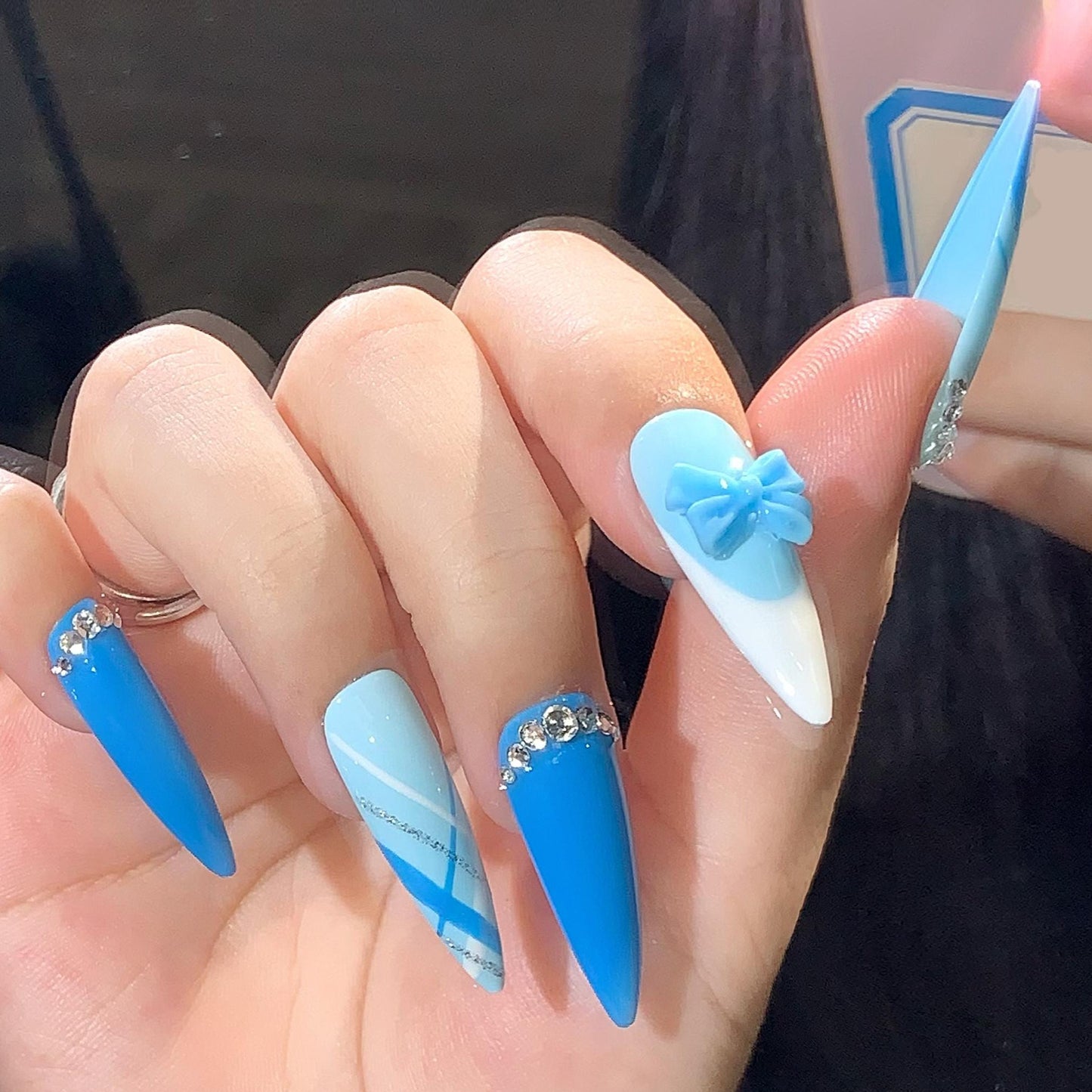 Preppy Blue Press On Nails Medium Stiletto Hand Painted with Rhinestones & 3D Bow, Cute Girly Nail Set, Light and Royal