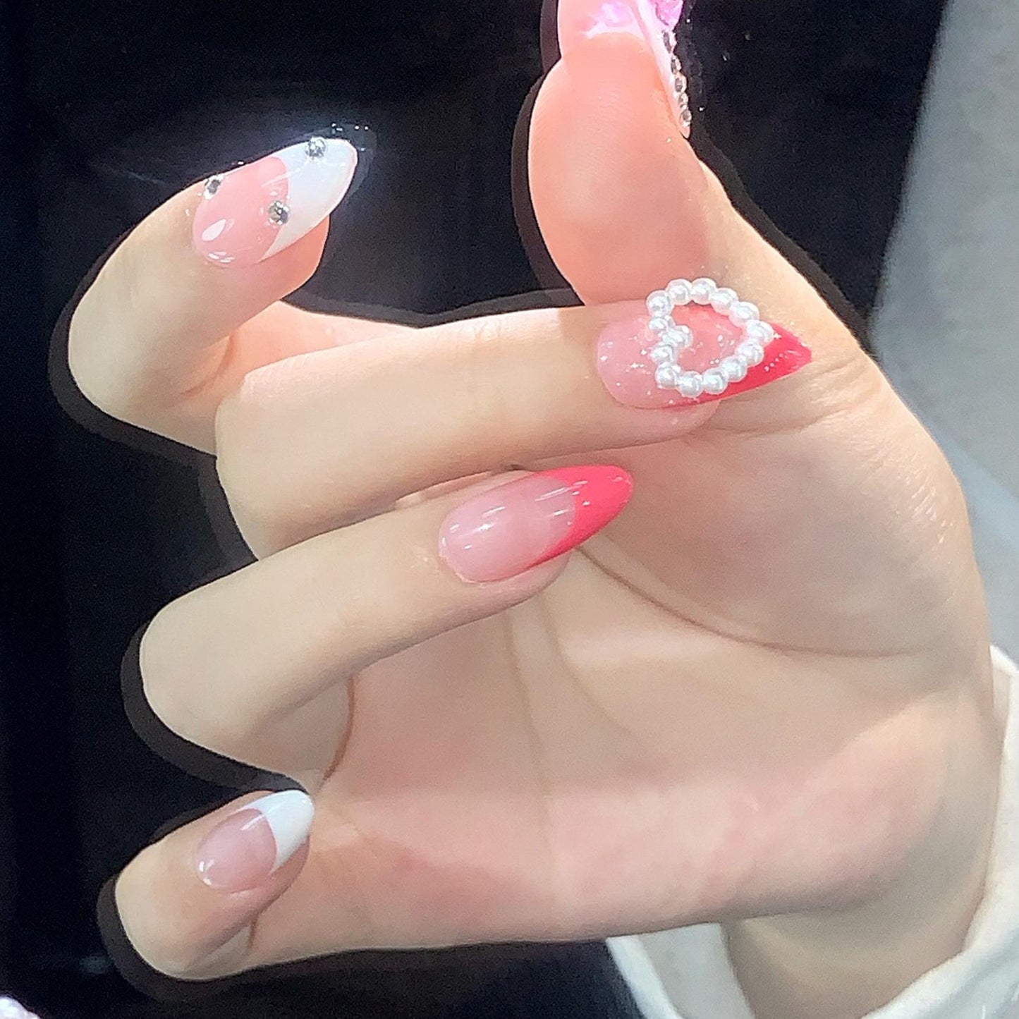 Sweet Cute Girly Pink Hand painted 3D Bow and Pearl French Tip Press on Nails, Short Almond, Valentine's Day