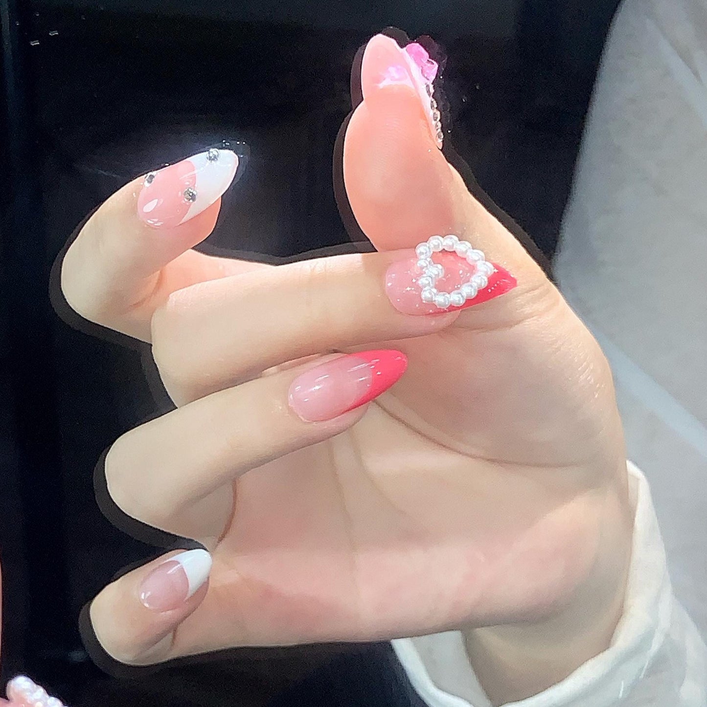 Sweet Cute Girly Pink Hand painted 3D Bow and Pearl French Tip Press on Nails, Short Almond, Valentine's Day. Artificial reusable nails art.