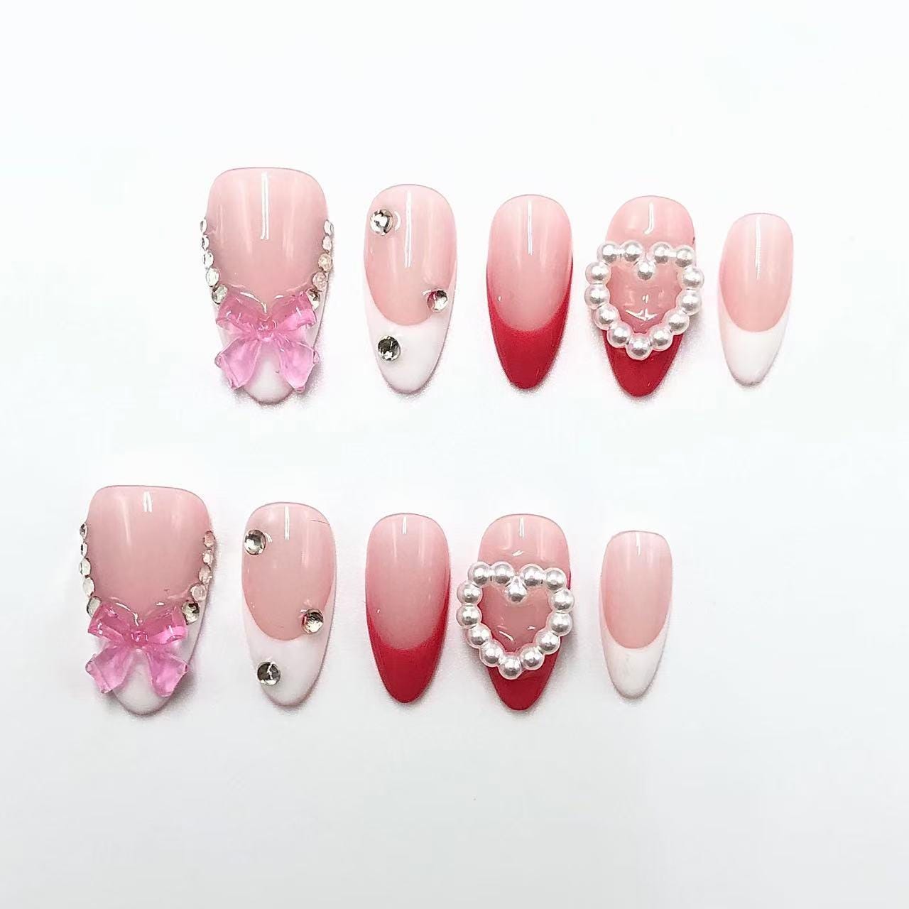 Sweet Cute Girly Pink Hand painted 3D Bow and Pearl French Tip Press on Nails, Short Almond, Valentine's Day. Artificial reusable nails art.