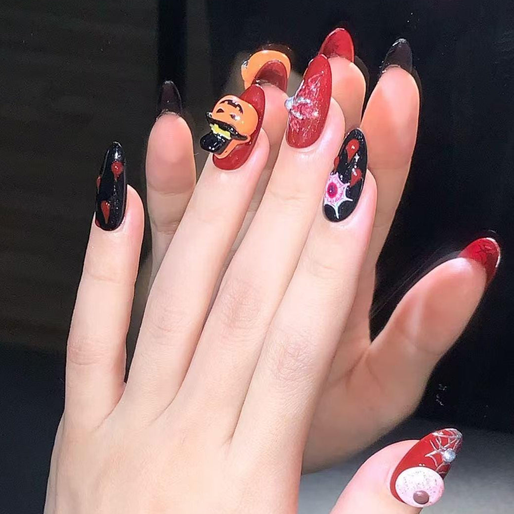 Blood Red and Black Horror Halloween Spooky 3D Halloween Oval Hand painted nails, Pumpkin, Eyeball, Spider, Blood Themed, Press on Oval